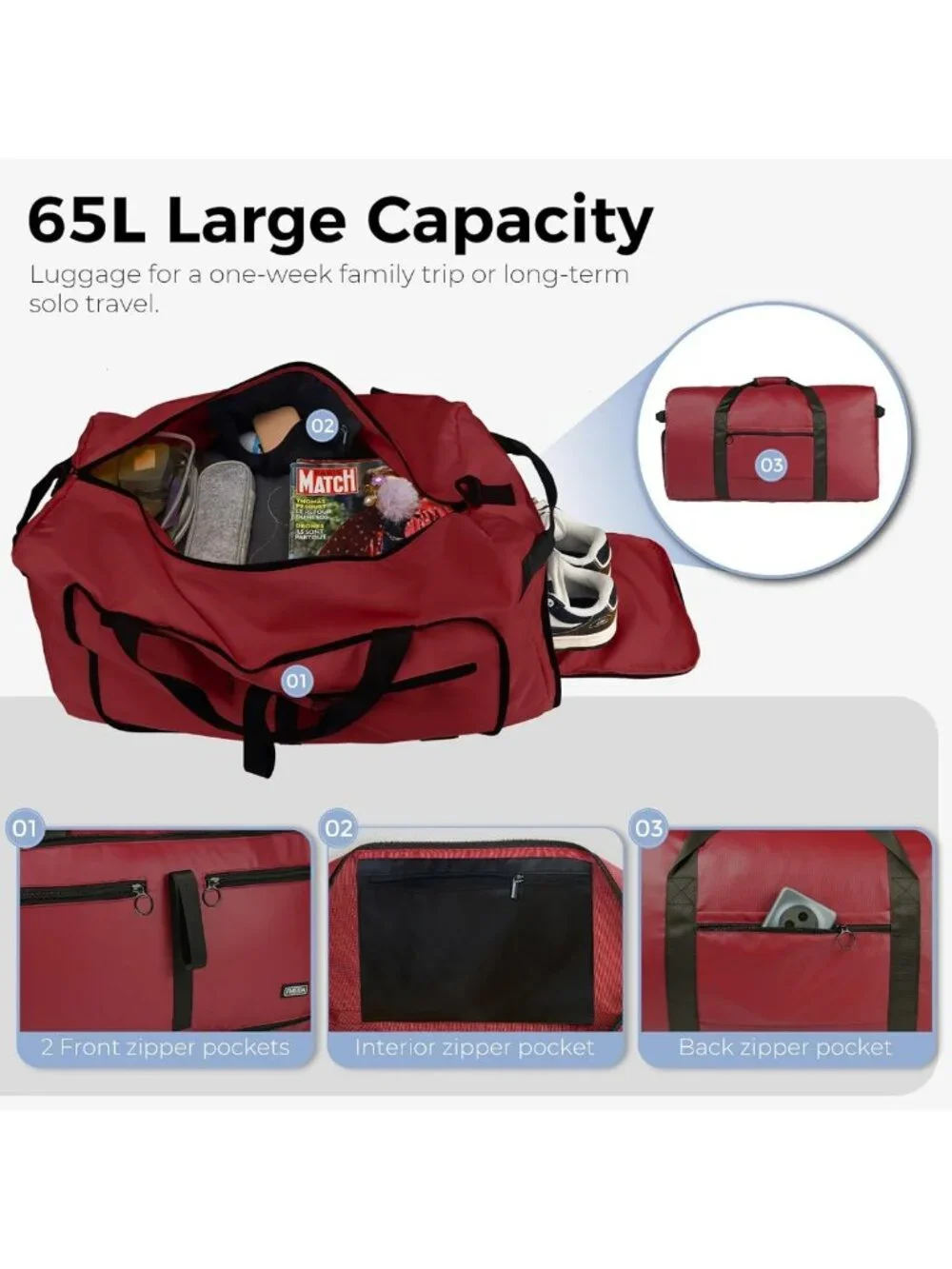 Large 65L Foldable Duffle Bag with Shoe Compartment, Water-Resistant Travel Tote